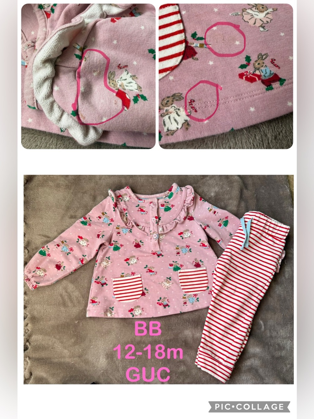 Baby Boden Pink Bunny Print Matching Set with Red-White Stripe Pants